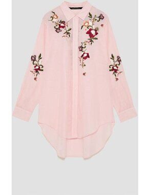 Zara Floral Embroidered Hi-Low Tunnic Button-Up Shirt Roll Tap Sleeve Pink